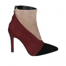 Woman’s pointed-toe ankle boots in taupe, maroon and black suede with zip and heel 10 - Available sizes:  32, 33, 34, 35, 42, 45