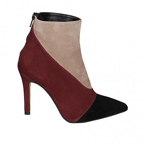 Woman’s pointed-toe ankle boots in taupe, maroon and black suede with zip and heel 10 - Available sizes:  32, 33, 34, 35, 42, 45