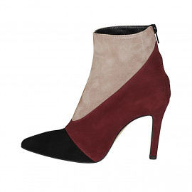 Stivaletto a punta da donna in camoscio taupe, bordeaux e nero con cerniera tacco 10 - Misure disponibili: 32, 33, 34, 35, 42, 43, 45 2