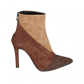 Woman’s dark brown, brown and cognac suede ankle boot, with back zipper and heel 10 - Available sizes:  32, 33, 34, 35, 42, 43, 44, 45