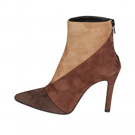Woman’s dark brown, brown and cognac suede ankle boot, with back zipper and heel 10 - Available sizes:  32, 33, 34, 35, 42, 43, 44, 45 2