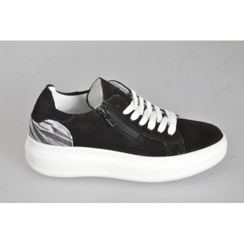 Sneakers para mujer en gamuza negra con cordones, cremallera lateral, estampado de rayas, plantilla extraíble y cuña 4 - Tallas disponibles:  32, 33, 34, 35, 42, 43, 44, 45, 46