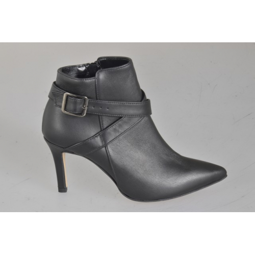 Stivaletto a punta da donna in pelle nera con cinturino incrociato, fibbia e cerniera tacco 7 - Misure disponibili: 32, 33, 34, 35, 42, 43, 44, 45