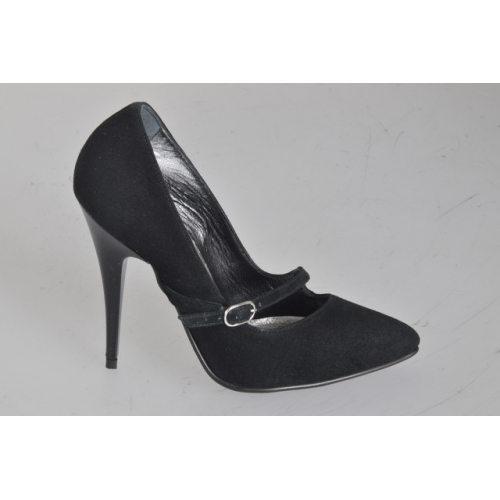Woman’s pointed-toe black suede pumps with strap, heel 11 - Available sizes:  31, 32, 33, 34, 35, 42, 43, 44, 45, 46, 47