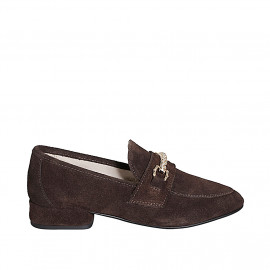 Woman’s pointed-toe dark brown suede loafers with decorative embellishment and rhinestones heel 2 - Available sizes:  32, 33, 34, 42, 43, 44, 45, 46