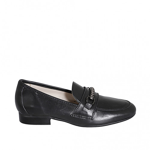 Woman’s black leather loafer with decorative accessory and rhinestones heel 2 - Available sizes:  42, 43, 45, 46