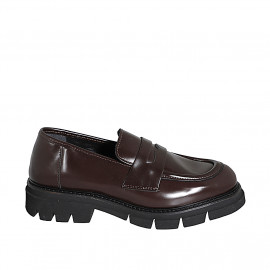 Woman’s dark brown polished leather loafer, heel 3 - Available sizes:  32, 34, 42, 43, 44, 45, 46