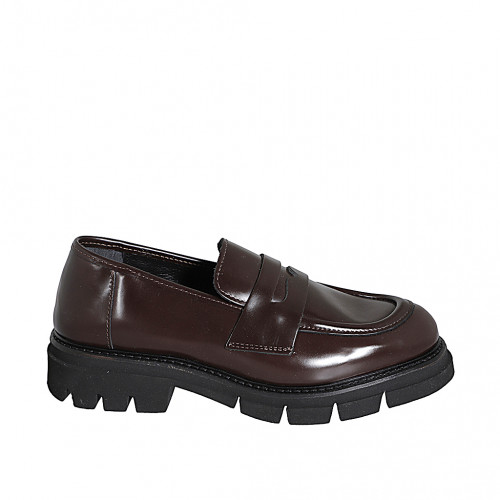 Woman’s dark brown polished leather loafer, heel 3 - Available sizes:  34, 42, 43, 44, 45, 46