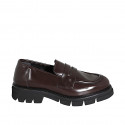 Woman’s dark brown polished leather loafer, heel 3 - Available sizes:  34, 42, 43, 44, 45, 46