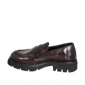 Woman’s dark brown polished leather loafer, heel 3 - Available sizes:  34, 42, 43, 44, 45, 46
