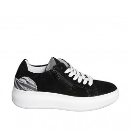 Sneaker stringata con cerniera laterale in camoscio nero e stampa zebrata con plantare estraibile zeppa 4 - Misure disponibili: 32, 33, 34, 35, 42, 43, 44, 45, 46