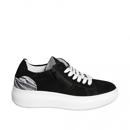 Woman’s black suede lace-up sneakers with side zipper, striped print, removable insole and wedge 4 - Available sizes:  32, 33, 35, 42, 43, 44, 45, 46