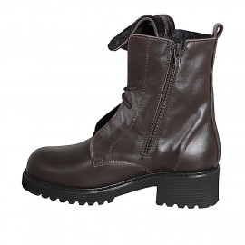 Bottines pour femmes à lacets en cuir marron foncé, revers en cuir à poils, talon 5 - Pointures disponibles:  32, 33, 42, 43, 44, 45, 46 2