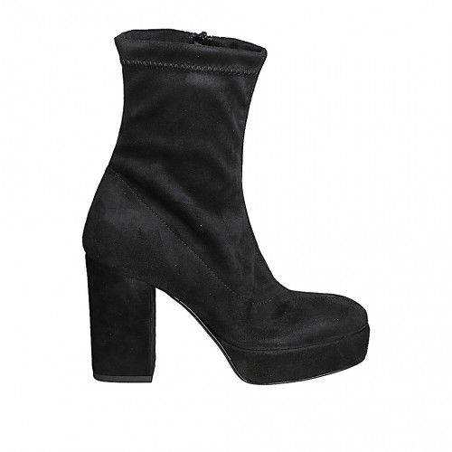 Woman’s black suede and stretch suede ankle boots with platform, side zipper and heel 10 - Available sizes:  32, 33, 34, 42, 43, 44, 45, 46