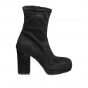 Woman’s black suede and stretch suede ankle boots with platform, side zipper and heel 10 - Available sizes:  32, 33, 34, 42, 43, 44, 45, 46