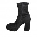 Woman’s black suede and stretch suede ankle boots with platform, side zipper and heel 10 - Available sizes:  32, 33, 34, 42, 43, 44, 45, 46