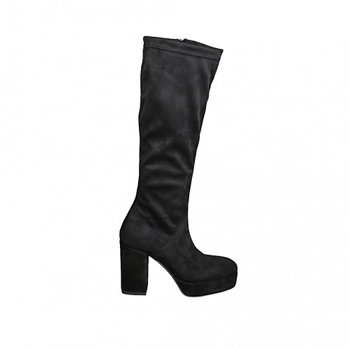 Botas para mujer en gamuza y gamuza elástica negra, con plataforma, cremallera y tacón 10 - Tallas disponibles:  32, 33, 34, 35, 42, 43, 44, 45, 46