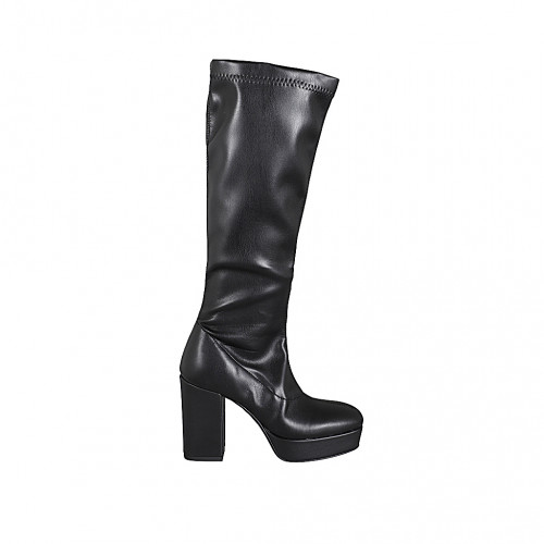 Botas para mujer en piel y piel elástica negra, con plataforma, cremallera y tacón 10 - Tallas disponibles:  32, 33, 35, 42, 43, 44, 46