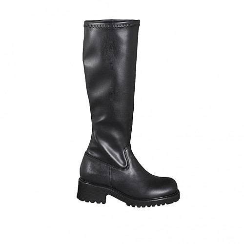 Botas para mujer en piel negra con caña en piel elástica negra, tacón 5 - Tallas disponibles:  32, 33, 34, 42, 43, 44, 45, 46
