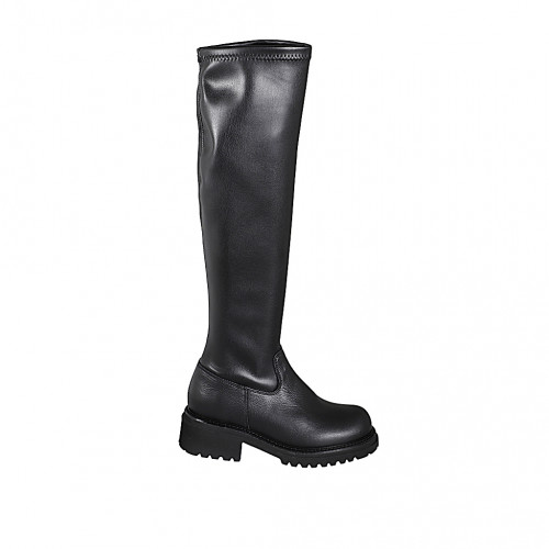 Botas altas para mujer por encima de la rodilla, en piel negra con caña elástica, tacón 5 - Tallas disponibles:  33, 34, 42, 43, 44, 45, 46
