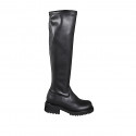 Botas altas para mujer por encima de la rodilla, en piel negra con caña elástica, tacón 5 - Tallas disponibles:  33, 34, 42, 43, 44, 45, 46
