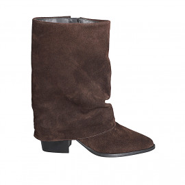 Botas para mujer en gamuza marrón oscuro con vuelta y cremallera, tacón 4 - Tallas disponibles:  33, 34, 35, 42, 45