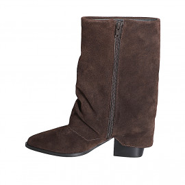 Bottes pour femmes en daim marron foncé avec revers et fermeture éclair, talon 4 - Pointures disponibles:  33, 34, 35, 42, 45 2