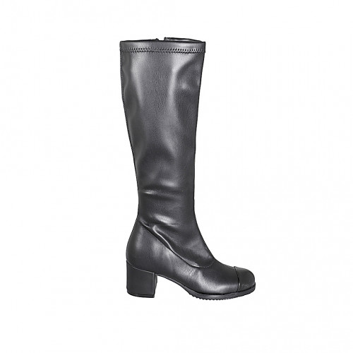 Botas para mujer en piel y piel elástica negra, puntera de piel, cremallera y tacón 5 - Tallas disponibles:  32, 33, 34, 42, 43, 44, 45, 46