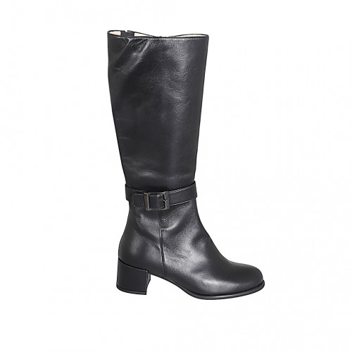 Botas para mujer en piel negra con correa y hebilla, cremallera y tacón 5 - Tallas disponibles:  32, 33, 34, 35, 42, 43, 44, 45, 46