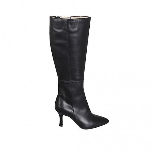 Botas para mujer en piel negra con punta fina, cremallera y tacón 7 - Tallas disponibles:  33, 34, 42, 43
