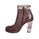 Woman’s brown leather platform ankle boots with a printed leather strap and side zipper, heel 10 - Available sizes:  32, 33, 42, 43, 44, 45, 46, 47