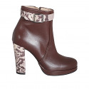 Woman’s brown leather platform ankle boots with a printed leather strap and side zipper, heel 10 - Available sizes:  32, 33, 42, 43, 44, 45, 46, 47