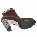 Woman’s brown leather platform ankle boots with a printed leather strap and side zipper, heel 10 - Available sizes:  32, 33, 42, 43, 44, 45, 46, 47