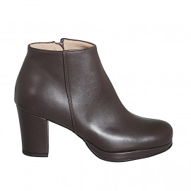 Botines de mujer con plataforma en piel marron oscuro y cremallera, tacón 7 - Tallas disponibles:  32, 33, 34, 42, 44, 45, 46