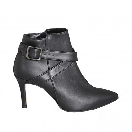 Stivaletto a punta da donna in pelle nera con cinturino incrociato, fibbia e cerniera tacco 7 - Misure disponibili: 32, 33, 34, 35, 42, 43, 44, 45