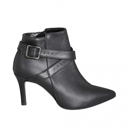 Woman’s black leather pointed-toe ankle boots with crossed strap, buckle, zipper and heel 7 - Available sizes:  32, 33, 34, 35, 42, 43, 44, 45