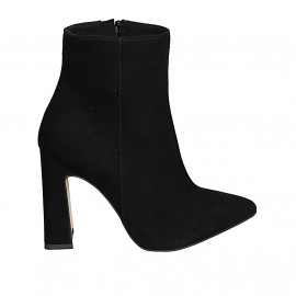 Botines para mujer en gamuza negra con punta fina, cremallera y tacón ancho 9 - Tallas disponibles:  32, 33, 34, 35, 42, 43, 44, 45