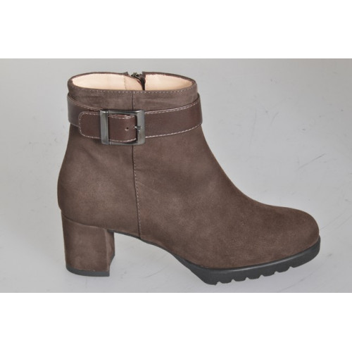 Botín para mujer en gamuza marrón oscuro con tira en piel marrón oscuro, hebilla y cremallera lateral, tacón 5 - Tallas disponibles:  32, 33, 34, 42, 43, 44, 45, 46