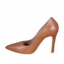 Zapato de salon puntiagudo para mujer en piel cognac con tacon 10 - Tallas disponibles:  31, 32, 33, 34, 35, 42, 43, 44, 45