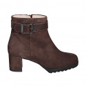 Woman’s dark brown suede ankle boot with a dark brown leather strap, buckle and side zipper, heel 5 - Available sizes:  32, 33, 34, 42, 43, 44, 45