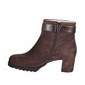 Woman’s dark brown suede ankle boot with a dark brown leather strap, buckle and side zipper, heel 5 - Available sizes:  32, 33, 34, 42, 43, 44, 45