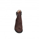 Woman’s dark brown suede ankle boot with a dark brown leather strap, buckle and side zipper, heel 5 - Available sizes:  32, 33, 34, 42, 43, 44, 45