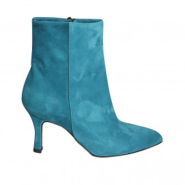 Woman’s pointed-toe turquoise suede ankle boots with zipper, heel 7 - Available sizes:  32, 33, 34, 35, 42, 44, 46