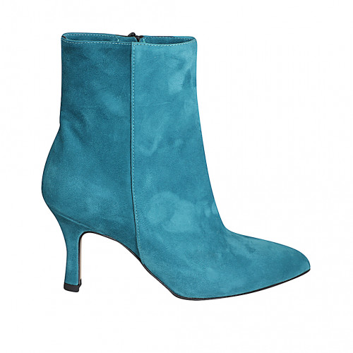 Woman’s pointed-toe turquoise suede ankle boots with zipper, heel 7 - Available sizes:  32, 33, 34, 35, 42, 44, 46