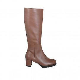 Bottes pour femmes en cuir cognac avec fermeture éclair, talon 5 - Pointures disponibles:  32, 33, 34, 35, 42, 43, 44, 45