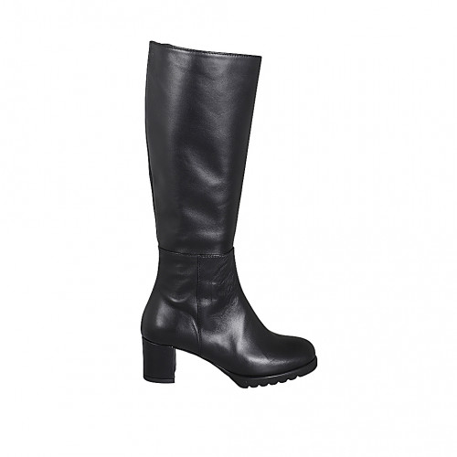 Botas para mujer en piel negra con cremallera, tacón 5 - Tallas disponibles:  32, 33, 34, 35, 42, 43, 44, 45, 46
