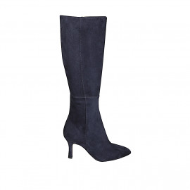 Botas para mujer en gamuza azul noche con punta fina y cremallera, tacón 7 - Tallas disponibles:  32, 33, 34, 42, 43, 44, 45