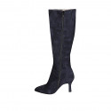 Botas para mujer en gamuza azul noche con punta fina y cremallera, tacón 7 - Tallas disponibles:  32, 33, 42, 43, 45