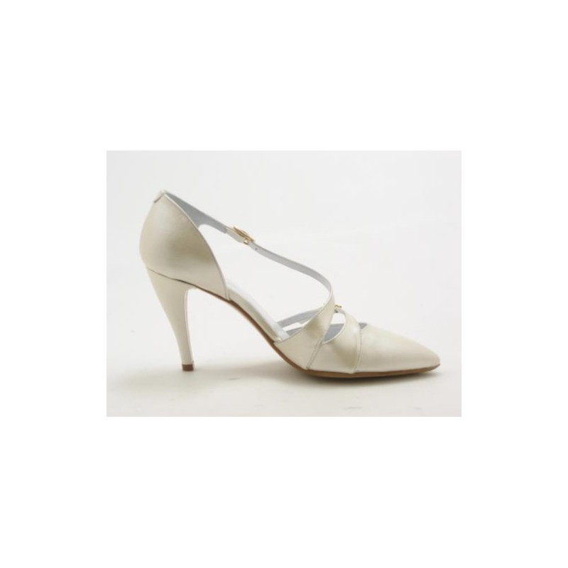 Zapato abierto para mujer con cinturones en piel perlada color marfil tacon 9 - Tallas disponibles:  42, 43, 44