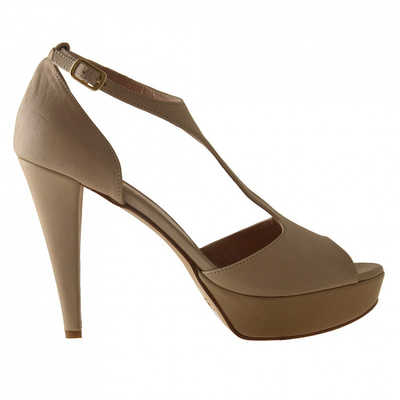 Woman's open strapshoe with platform in beige leather heel 11 - Available sizes:  42